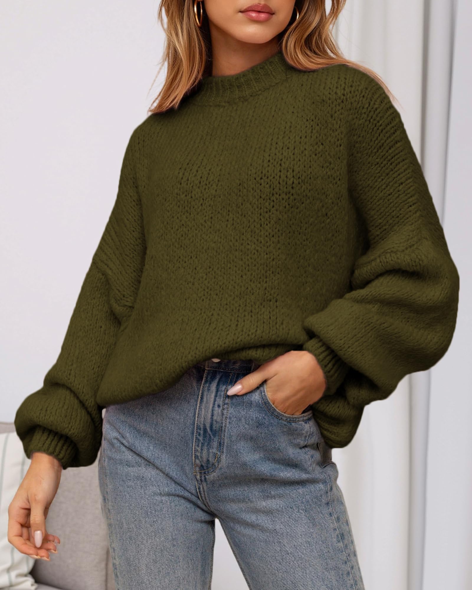 BTFBM Sweaters for Women Fall Crew Neck Lantern Long Sleeve Oversized Sweater Casual Knit Winter Pullover Tops