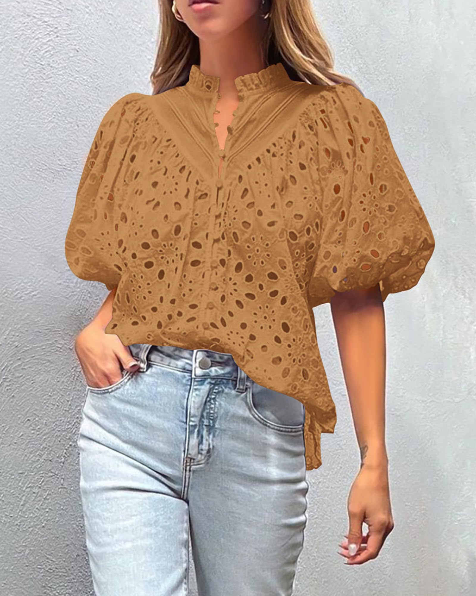 PRETTYGARDEN Women's Summer Tops Dressy Casual Short Sleeve V Neck Buttons Hollow Out Lace Embroidered Blouses Shirts
