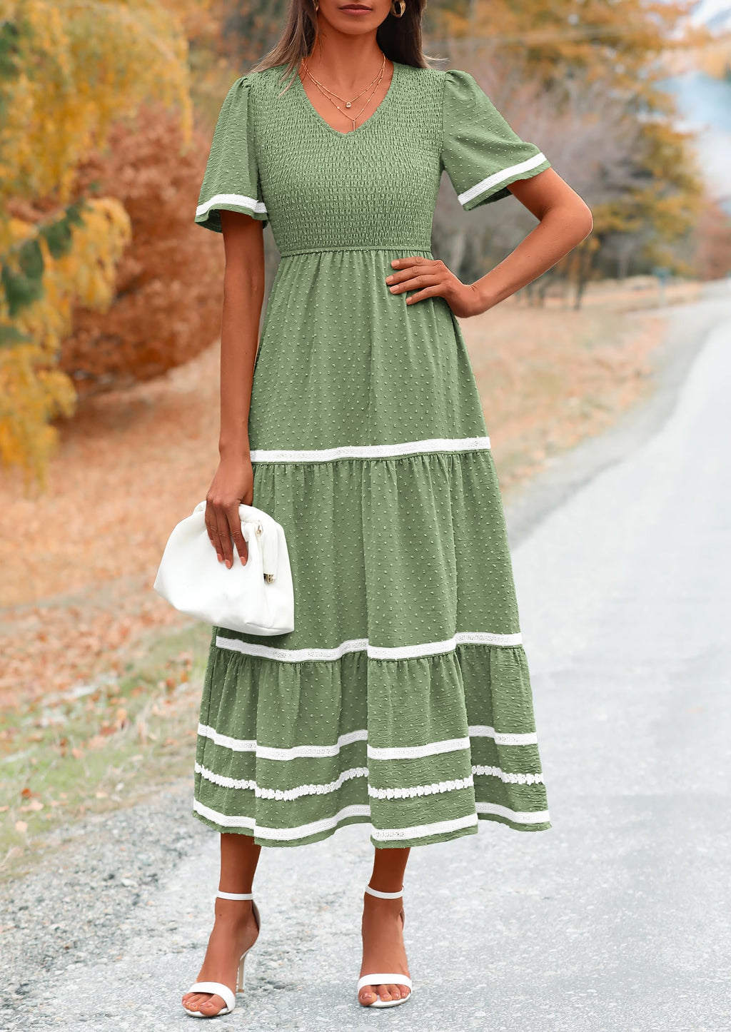 PRETTYGARDEN Women's Casual Summer Maxi Dress Short Sleeve Swiss Dot V Neck Smocked Long Flowy Beach Dresses