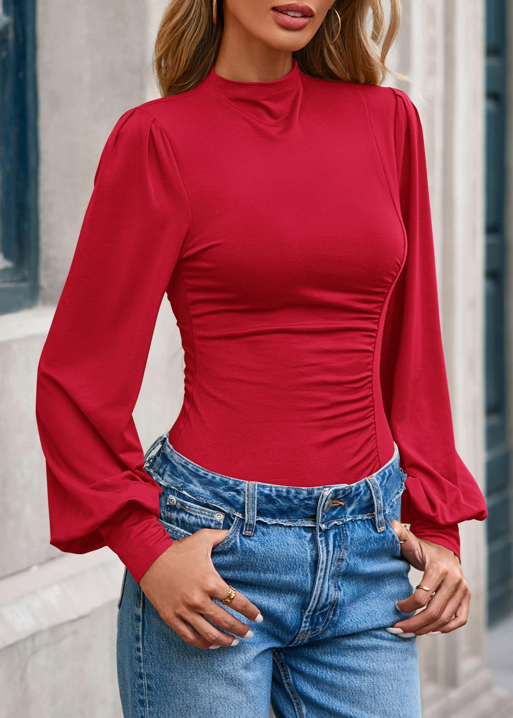 FreshPretty Blouses for Women Dressy Casual Spring Tops Fall Puff Long Sleeve Shirts Fitted Mock Neck Ruched Trendy Tops