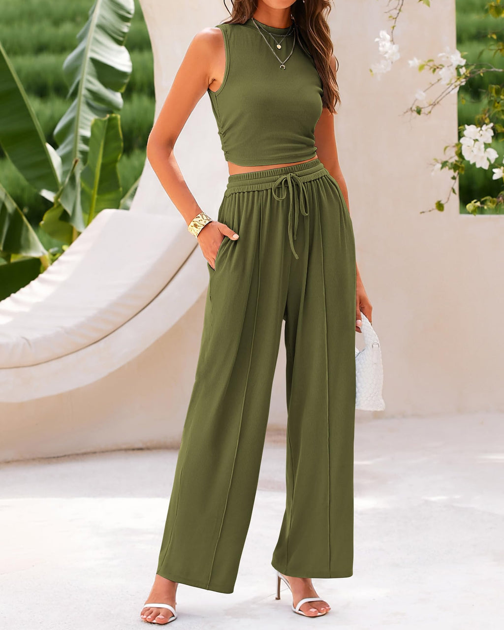 BTFBM Summer Outfits For Women Cropped Sleeveless Tank Tops Wide Leg Pants 2 Piece Sets Beach Lounge Set Clothing