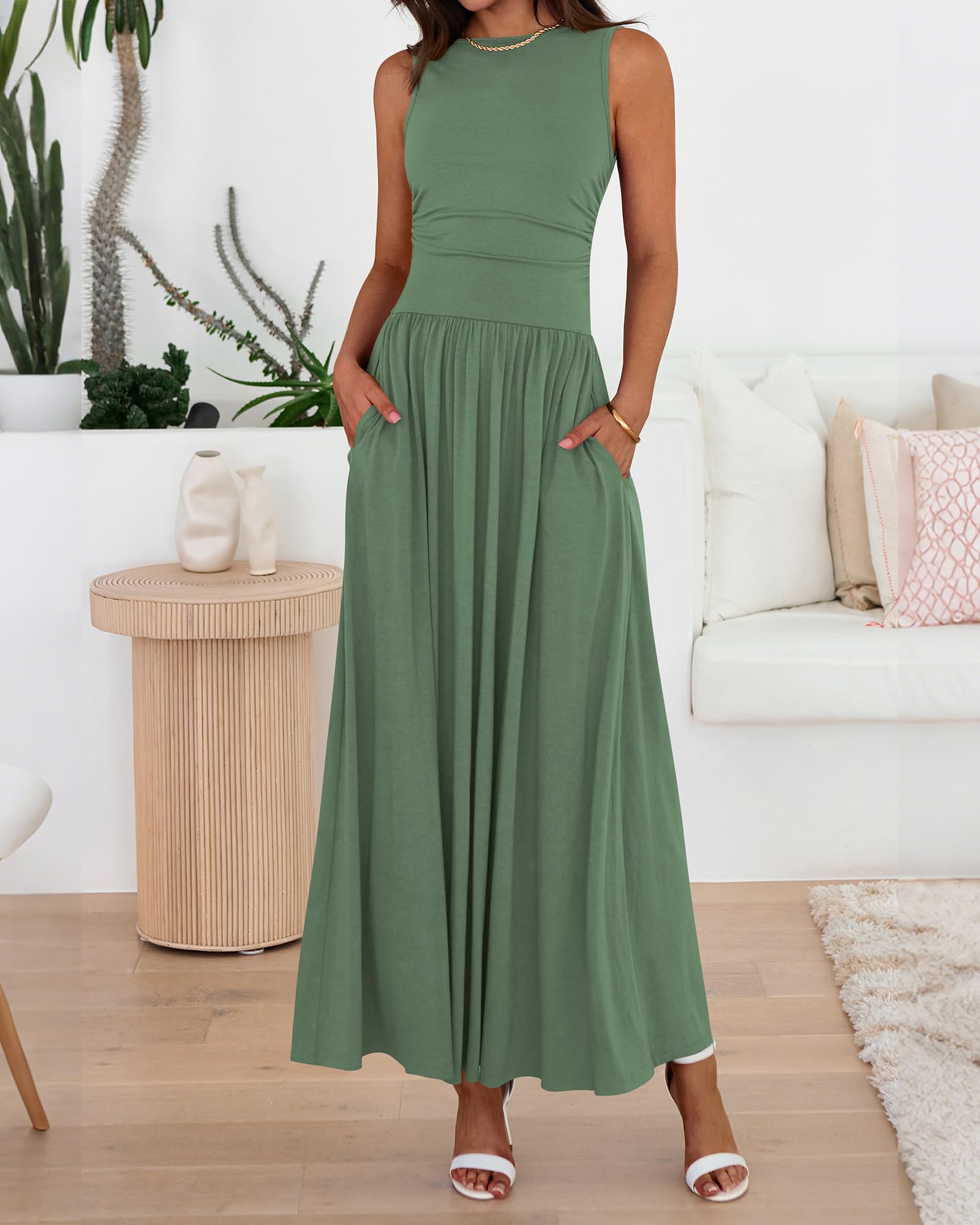 BTFBM Summer Maxi Dresses for Women Spring Sleeveless Casual Ruched High Waisted Long Sundress Flowy Beach Dress