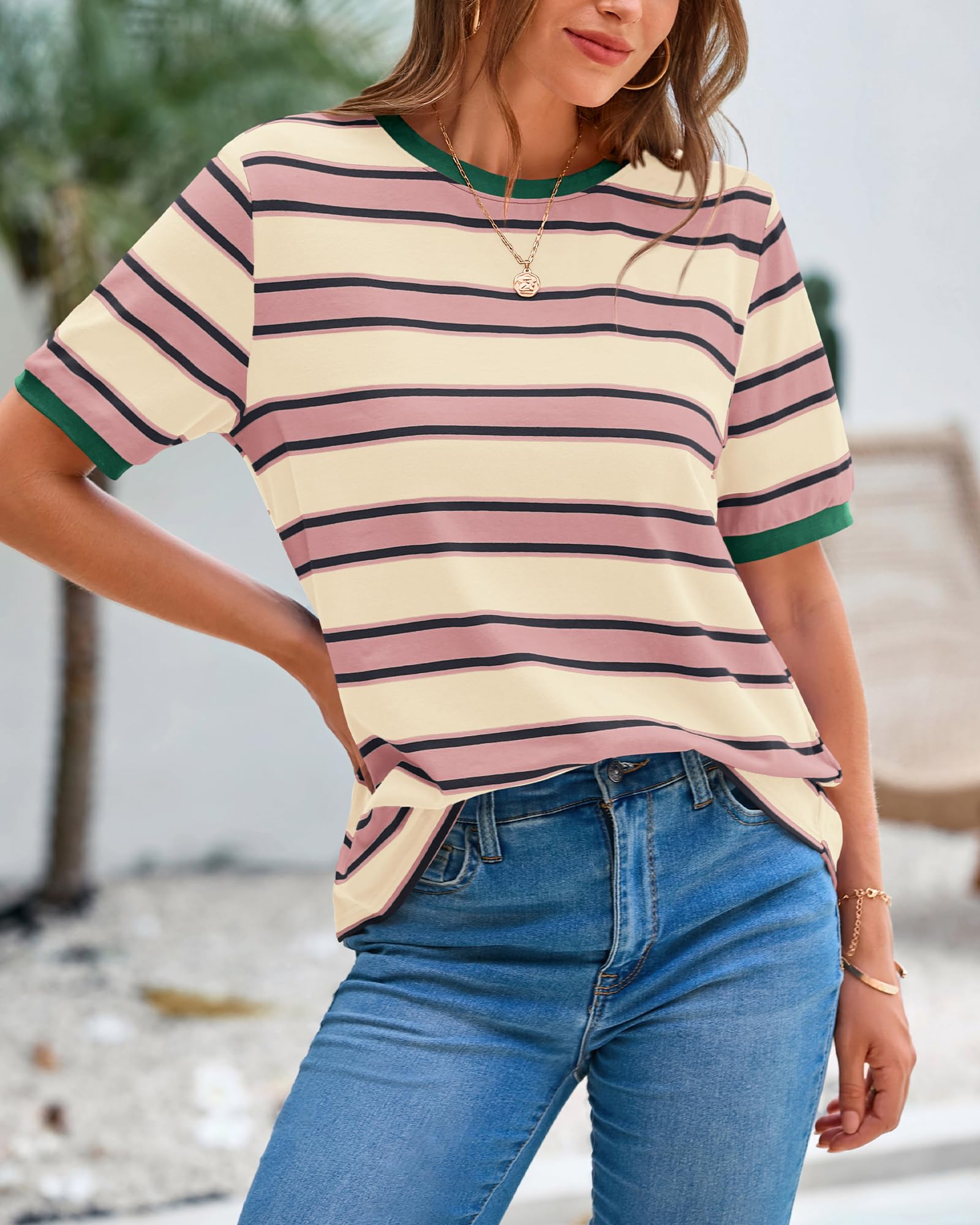BTFBM Summer Tops for Women Crewneck Short Sleeve Striped T Shirts Casual Spring Clothes Color Block Basic Tee Blouses