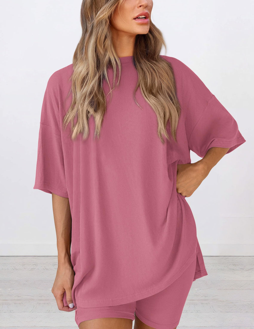 PRETTYGARDEN Women's Two Piece Lounge Set Summer Casual Oversized Shirts Biker Shorts Matching Airport Travel Outfit