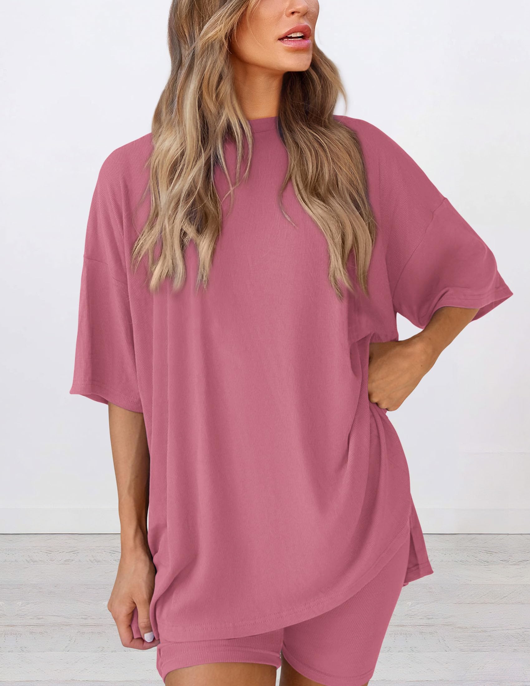 PRETTYGARDEN Women's Two Piece Lounge Set Summer Casual Oversized Shirts Biker Shorts Matching Airport Travel Outfit