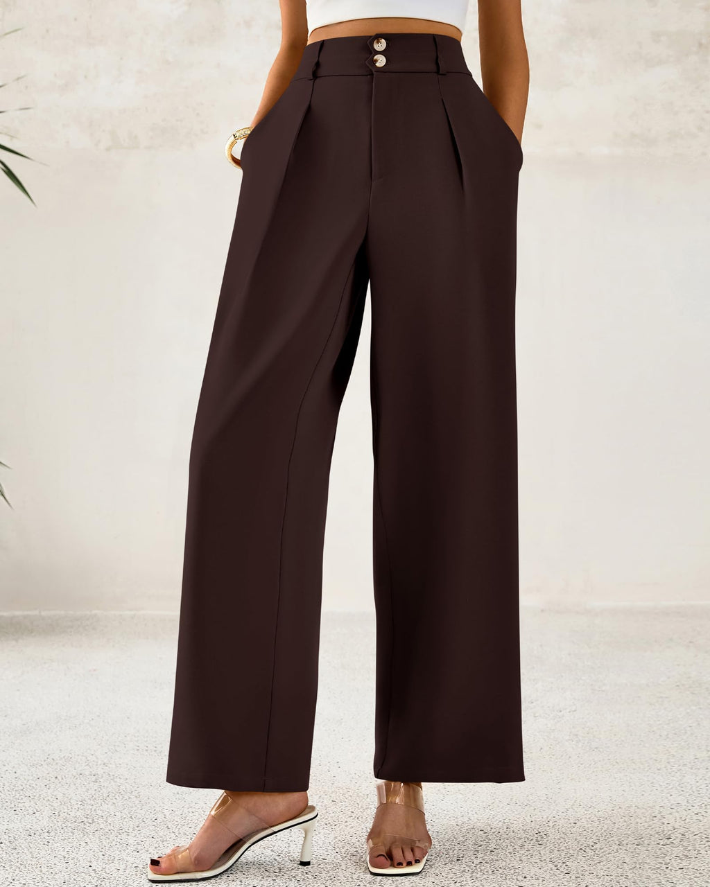 BTFBM Women Wide Leg Dress Pants High Waisted Button Pleated Business Casual Trousers Office Work Palazzo Pants