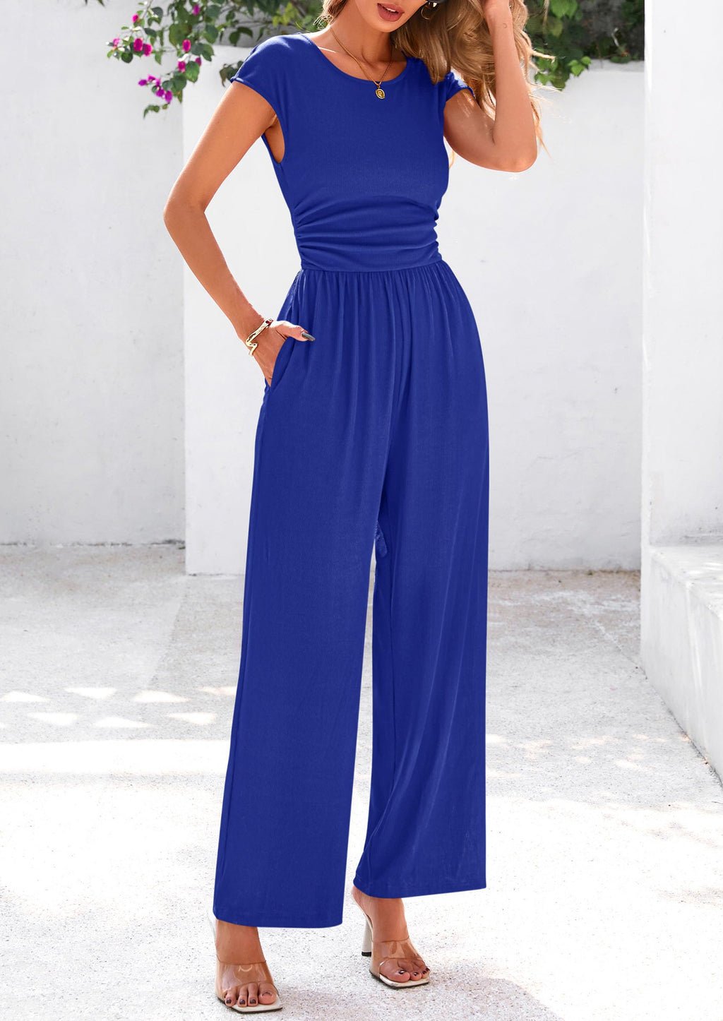 PRETTYGARDEN Summer Jumpsuits for Women Dressy Ribbed Cap Sleeve Wide Leg Pants Rompers Elegant Casual One Piece Outfits