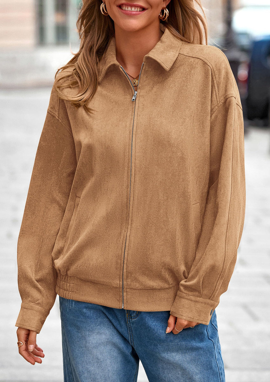 PRETTYGARDEN Faux Suede Bomber Jacket Women Fall Fashion Casual Zip Up Oversized Trendy Winter Clothing Outerwear Coats
