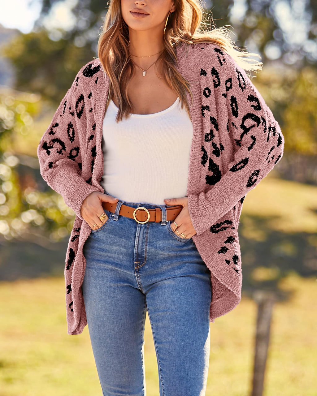 FreshPretty Leopard Cardigan for Women Long Sleeve Open Front Cardigans Sweaters Pockets Loose Knit Fall Winter Outwear