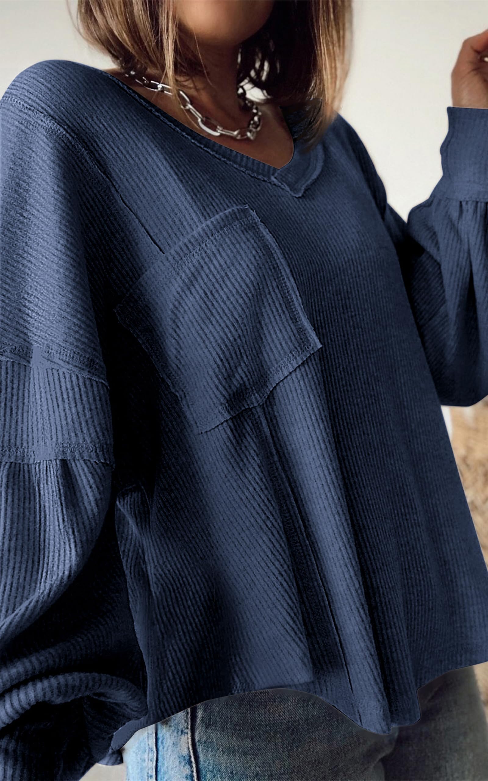 BTFBM Womens Fall Fashion Long Sleeve Shirts Casual V Neck Ribbed Knit Blouses Pullover Trendy Loose Fit Tunic Tops