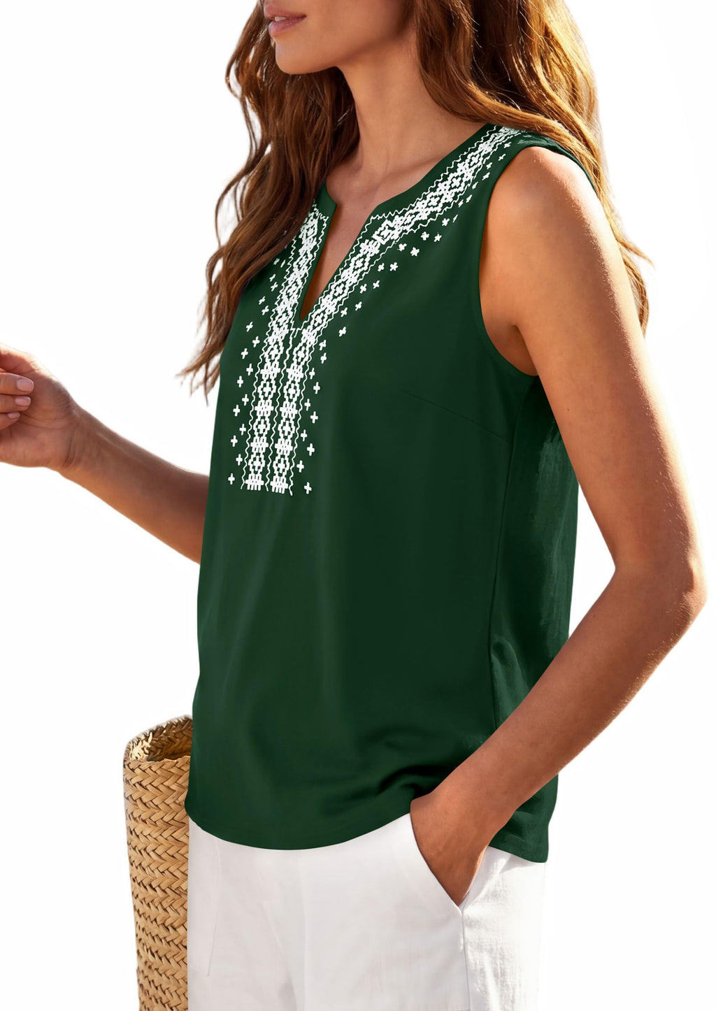 PRETTYGARDEN Womens Tank Tops Summer Causal V Neck Sleeveless Shirts Floral Print Embroidered Beach Vacation Boho Top