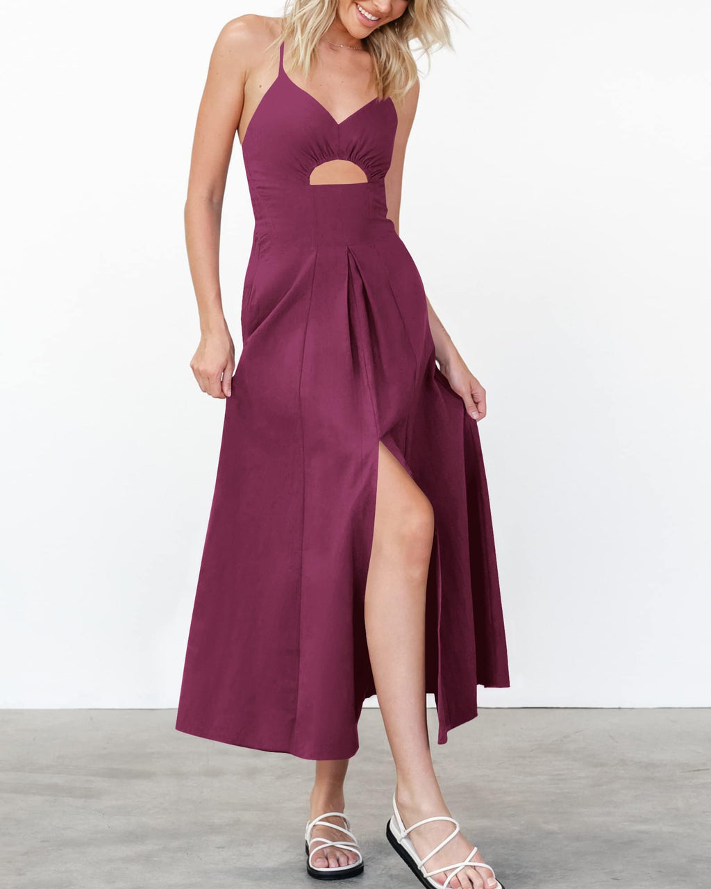 BTFBM Women Spaghetti Strap Midi Summer Dresses Sleeveless V Neck Cutout Slit Casual Beach Party Maxi Dress Pockets