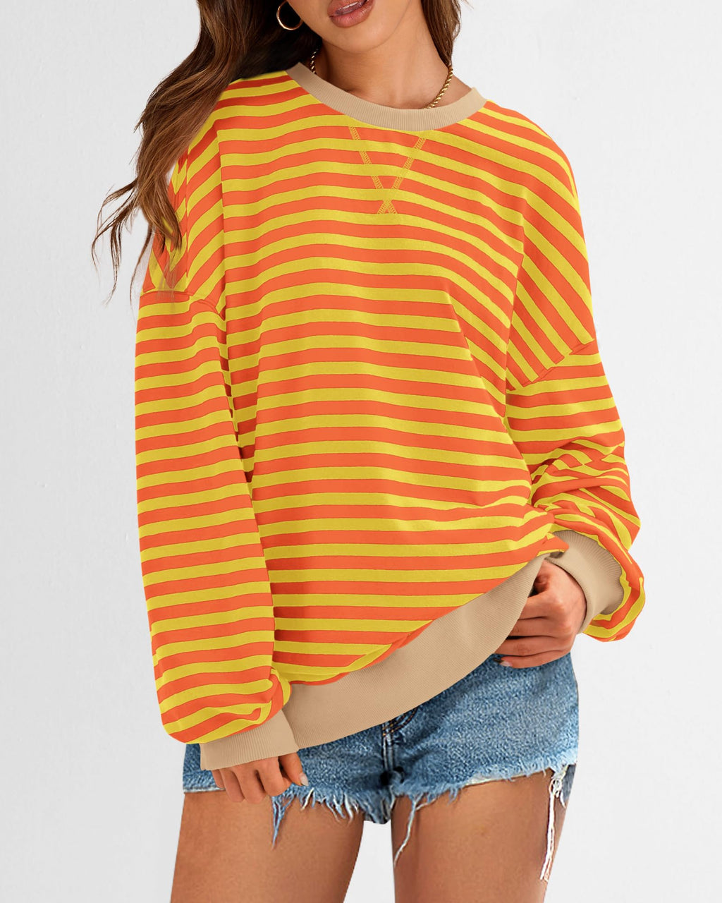BTFBM Sweatshirt For Women Summer Crewneck Long Sleeve Oversized Striped Pullover Tops Y2K Clothes Workout Shirt