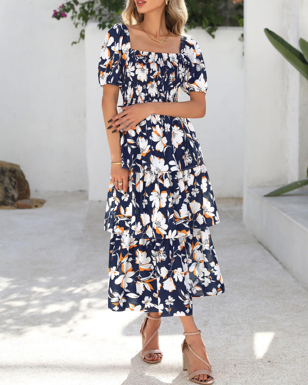 BTFBM Womens Square Neck Smocked Dress Summer Puff Short Sleeve Floral Casual Ruffle Tiered Maxi Wedding Guest Dresses