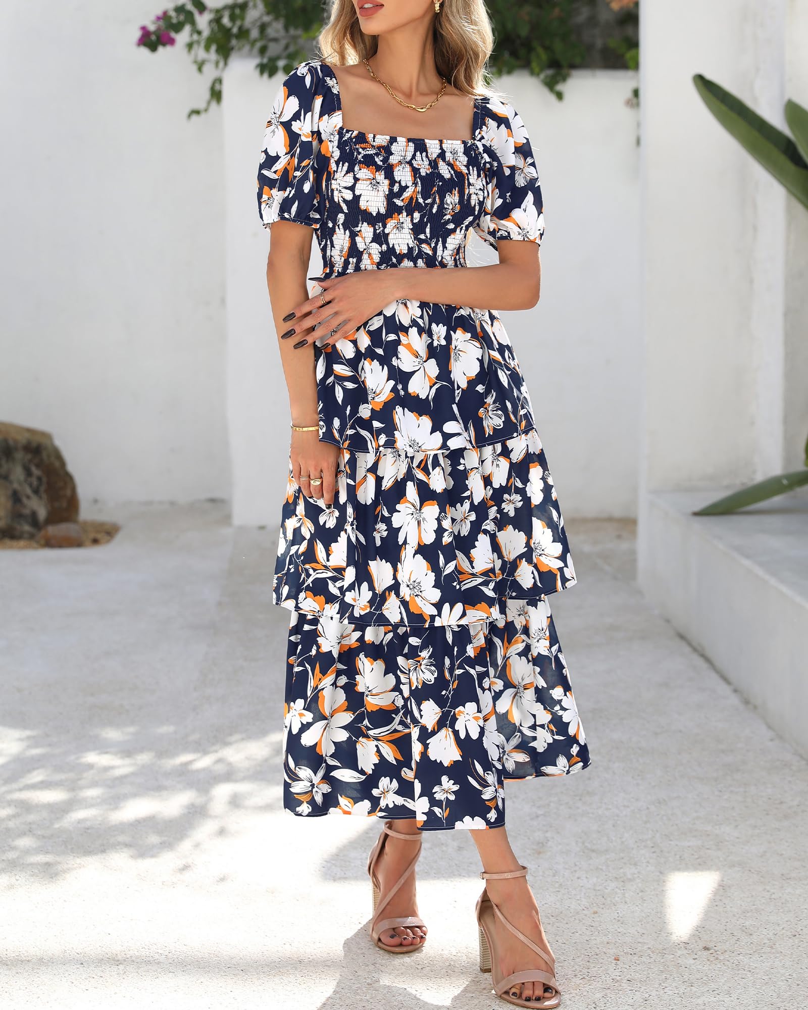 BTFBM Womens Square Neck Smocked Dress Summer Puff Short Sleeve Floral Casual Ruffle Tiered Maxi Wedding Guest Dresses