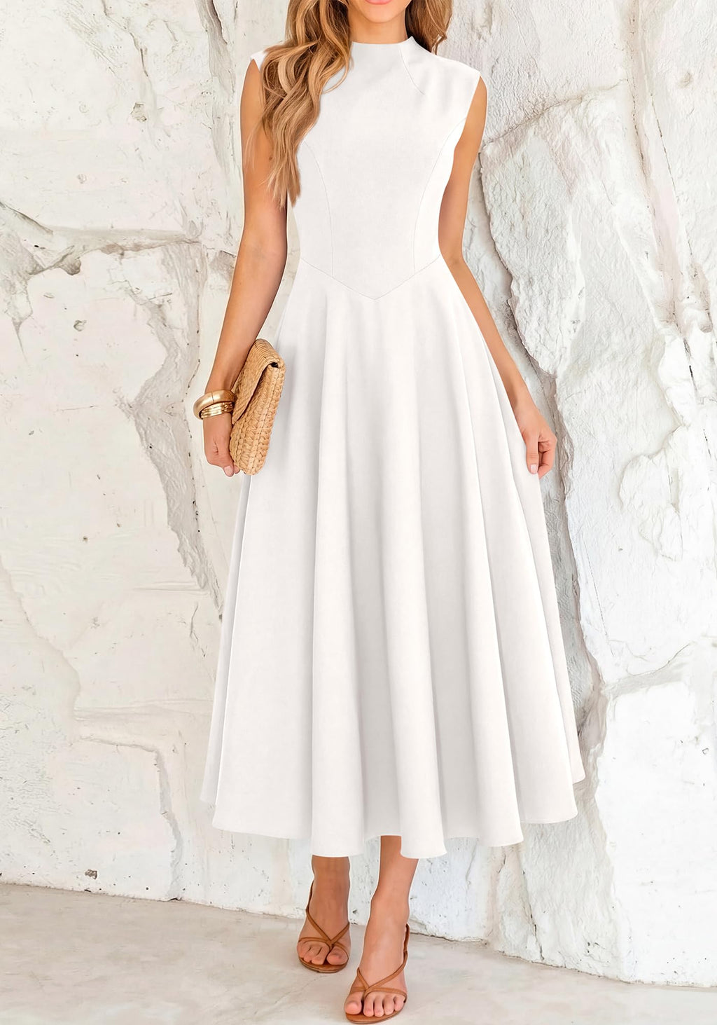 BTFBM Summer Dresses for Women Mock Neck Sleeveless High Waist Flowy Aline Maxi Spring Wedding Guest Dress Cocktail