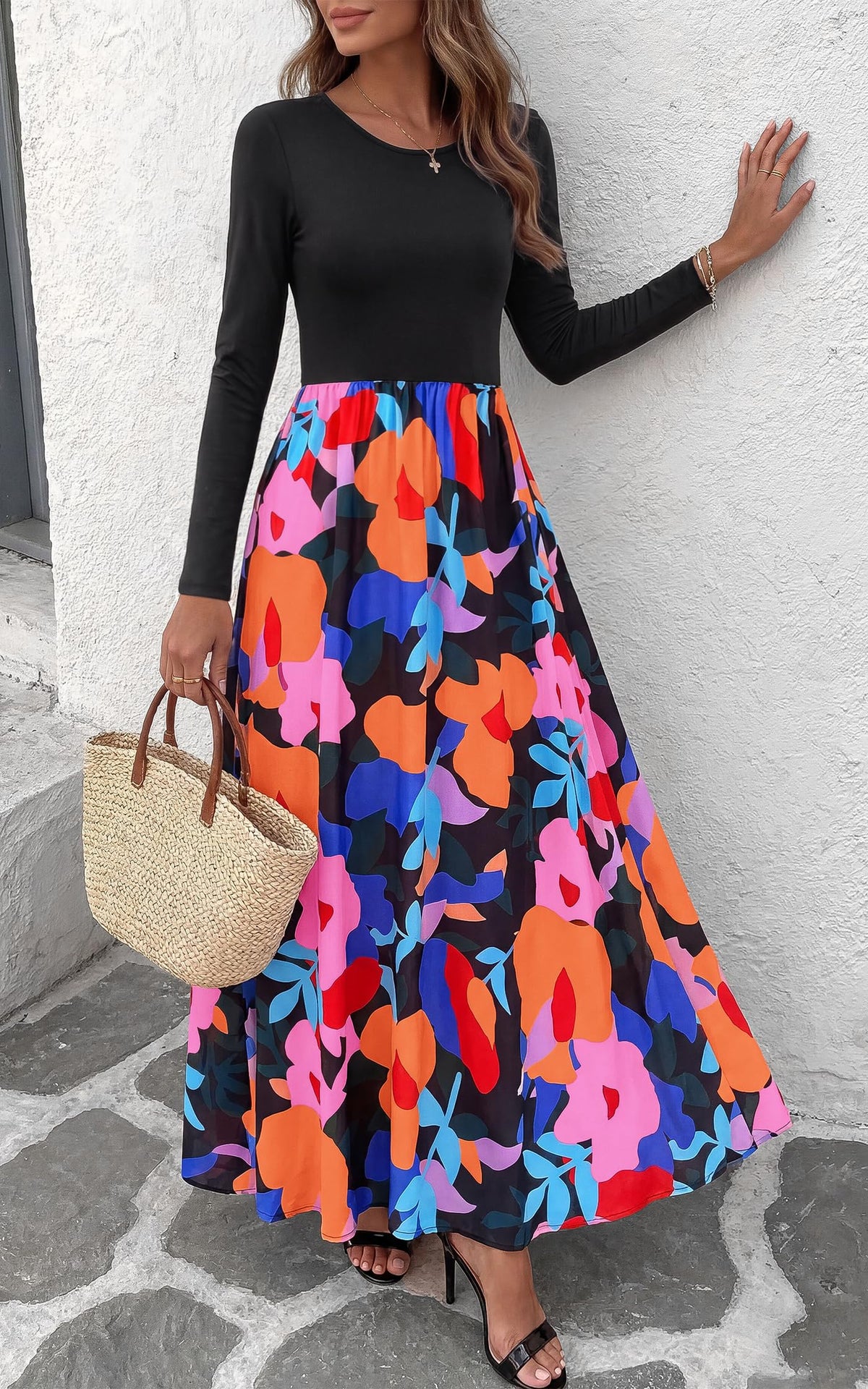 FreshPretty Women's Long Sleeve Boho Floral Flowy Fall Maxi Dress,Wedding Guest Dress,Elegant A Line Swing Bohemian Long Dresses with Pockets,Church Garden Party Resort Cruise Vacation Dress
