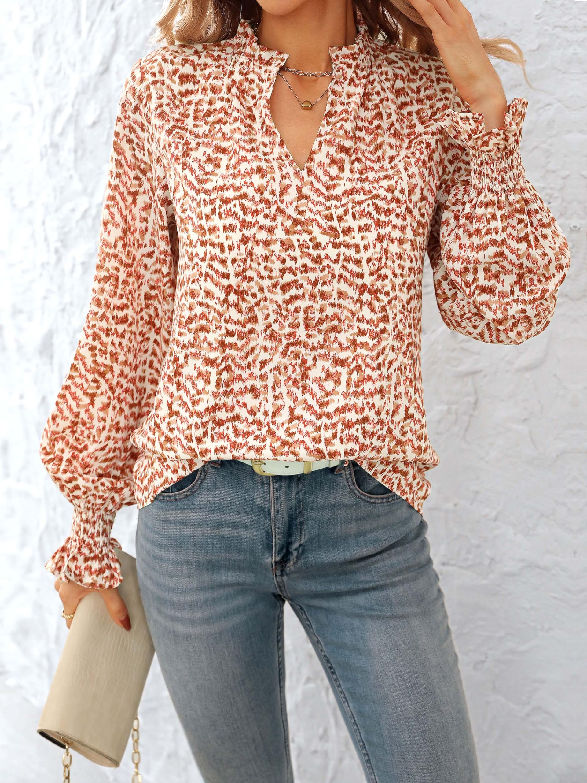 FreshPretty Womens V Neck Floral Long Sleeve Tops Summer Casual Loose Puff Sleeve Chiffon Boho Work Blouse Dressy T Shirts