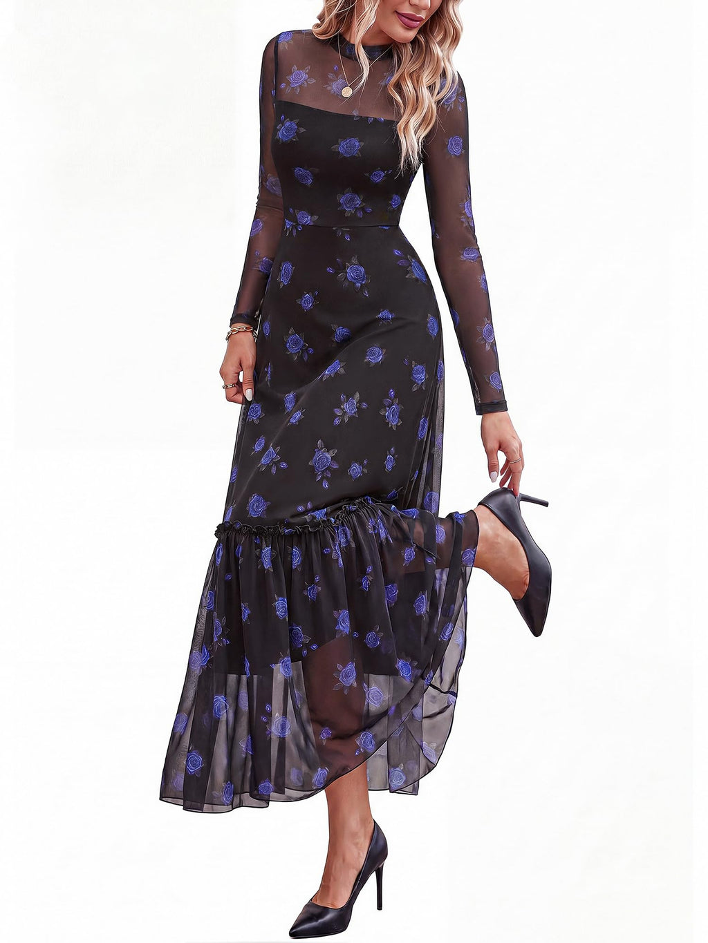 BTFBM Boho Mesh Long Sleeve Dress for Women | Mock Neck, Floral, A Line, Tiered, Graduation, Wedding, Cocktail Maxi Dresses, Fall Fashion, Resort Wear