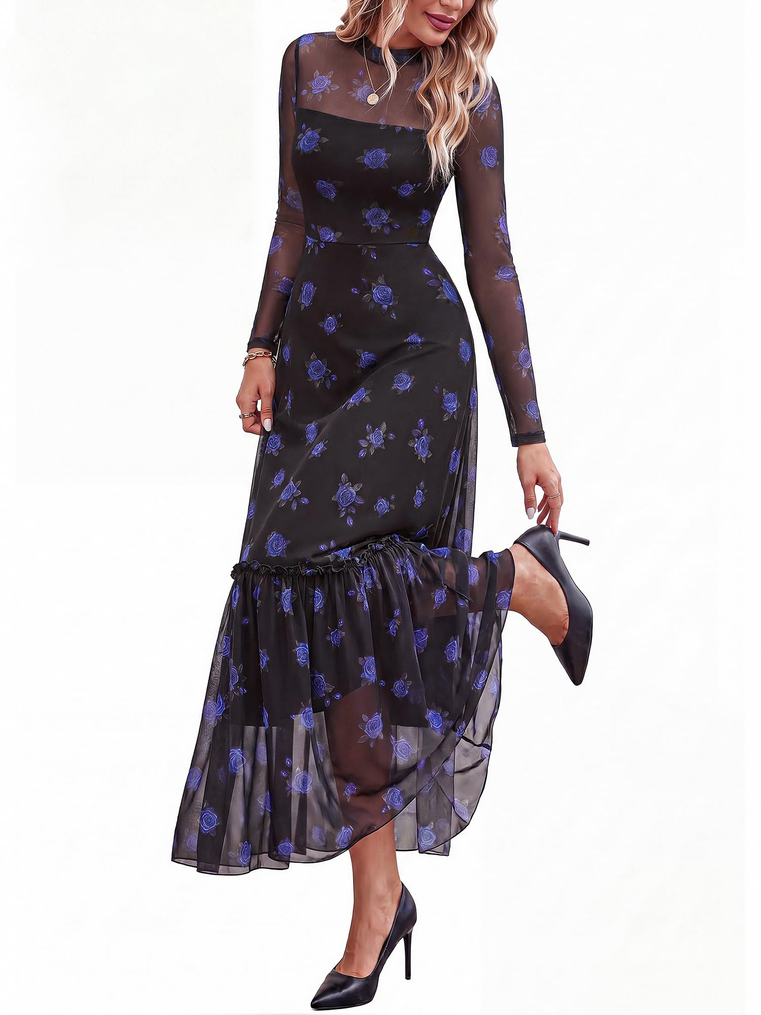 BTFBM Boho Mesh Long Sleeve Dress for Women | Mock Neck, Floral, A Line, Tiered, Graduation, Wedding, Cocktail Maxi Dresses, Fall Fashion, Resort Wear