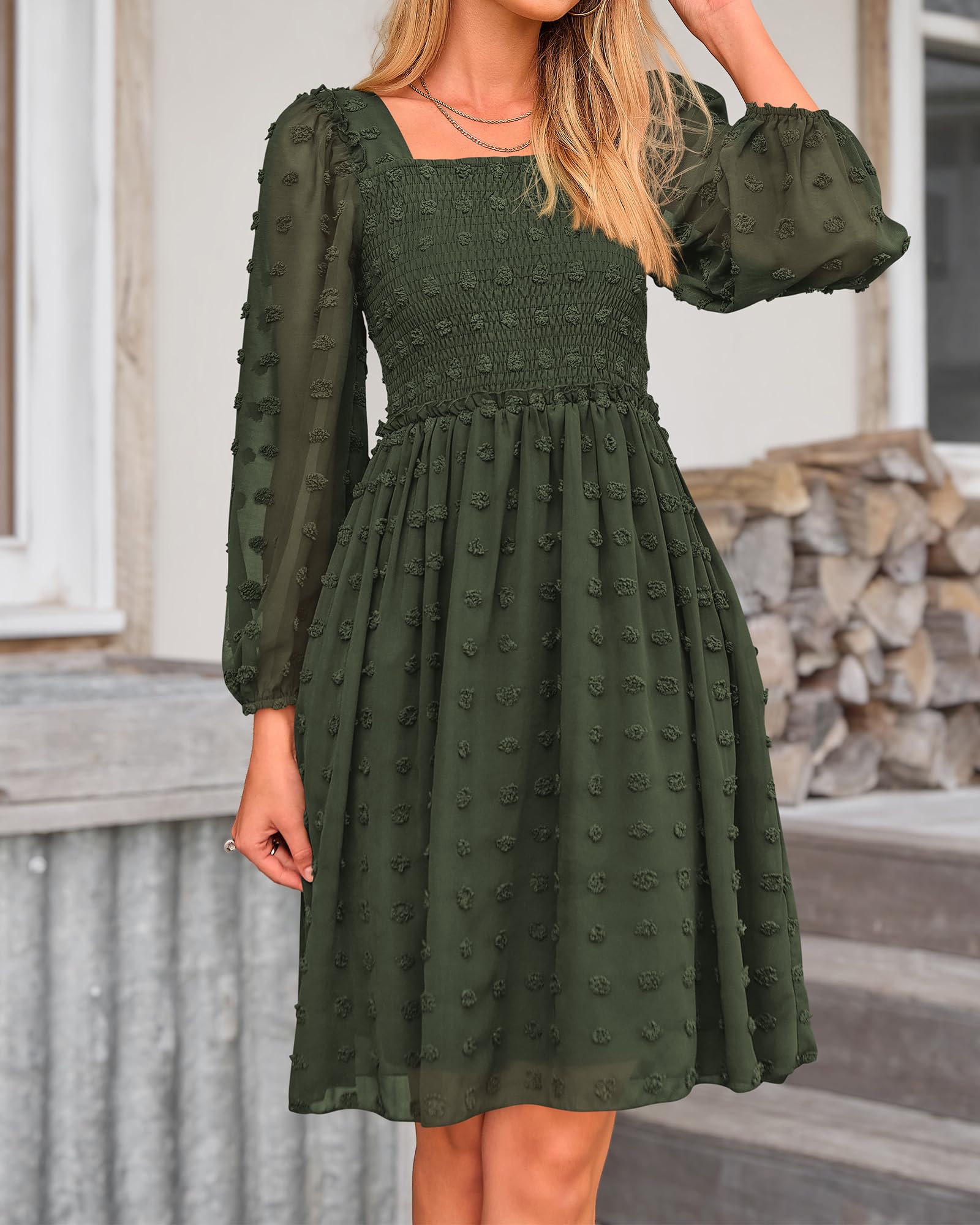 BTFBM Womens Long Sleeve Dress Summer Vacation Square Neck Smocked Floral Mini Boho Spring Wedding Guest Dresses