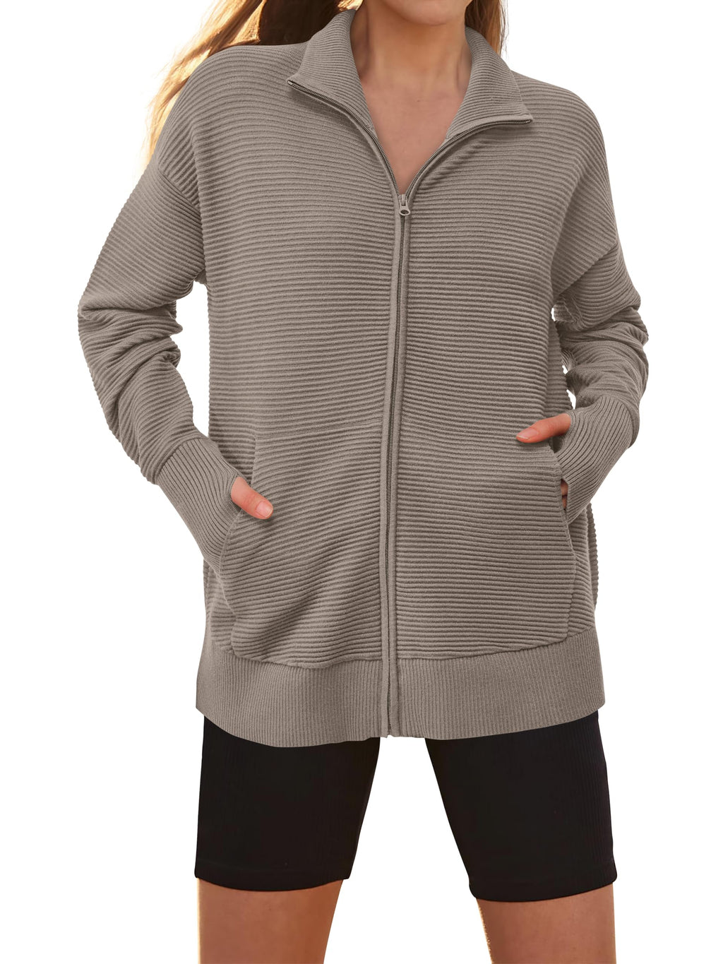 PRETTYGARDEN Womens Fall Long Sleeve Zip Up Cardigan Sweaters Casual Loose Collared Ribbed Knit Tops Jackets Thumb Hole