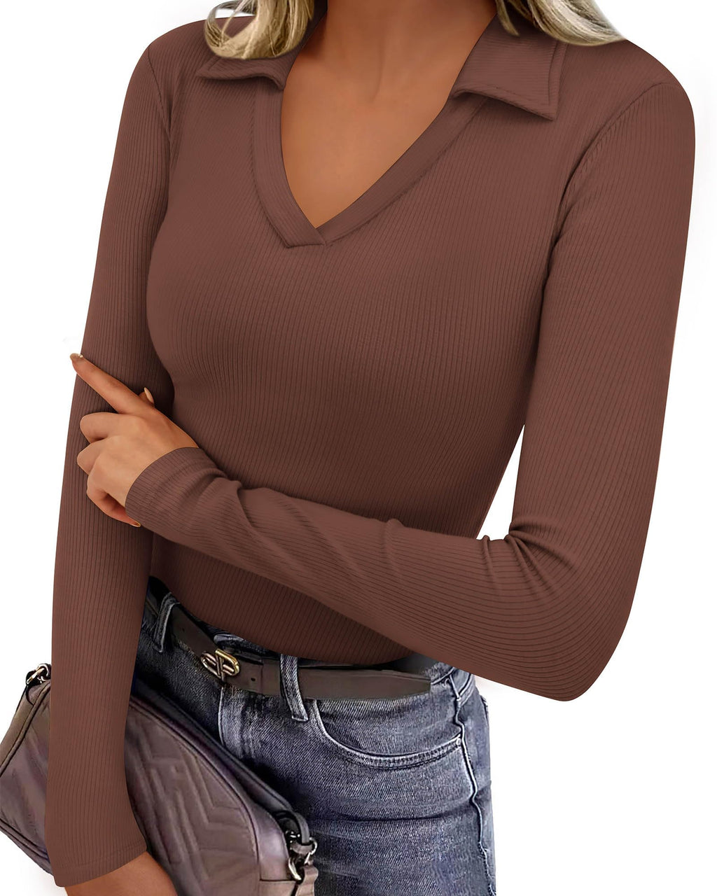 FreshPretty Polo Shirts for Women Long Sleeve Business Casual Tops Spring Fall Ribbed Knit Collared V Neck Slim Work Blouses