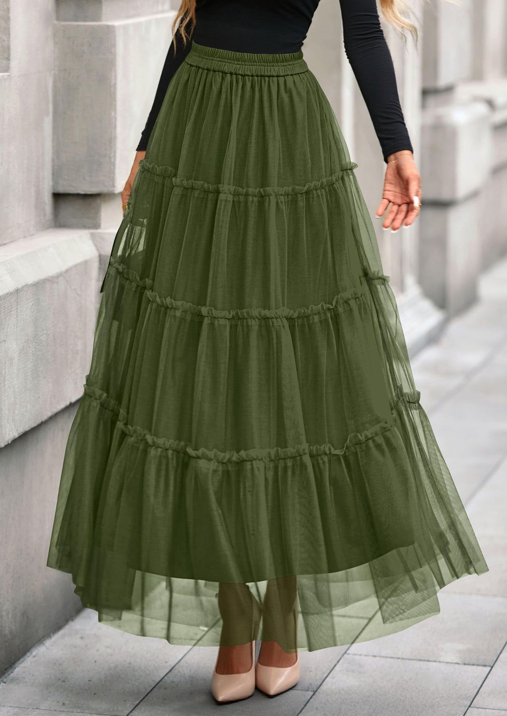 PRETTYGARDEN Tulle Skirts for Women Fall Fashion Elastic High Waisted Fairy Tiered Flowy A-Line Casual Maxi Long Skirt