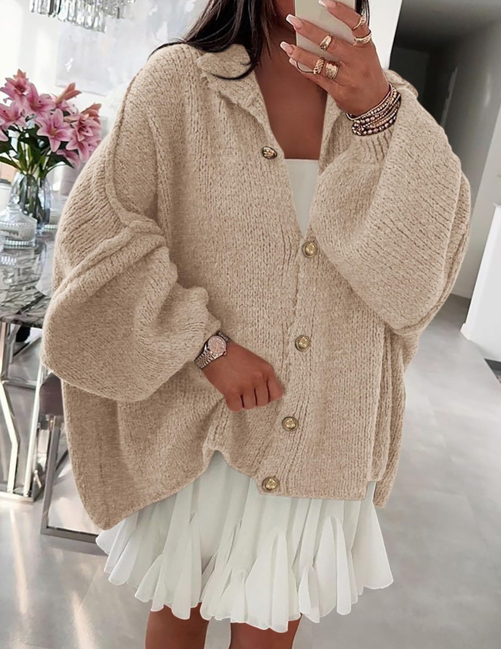 PRETTYGARDEN Women's Winter Button Down Cardigan Sweaters Mock Neck Lantern Long Sleeve Chunky Knit Jacket Trendy Outerwear