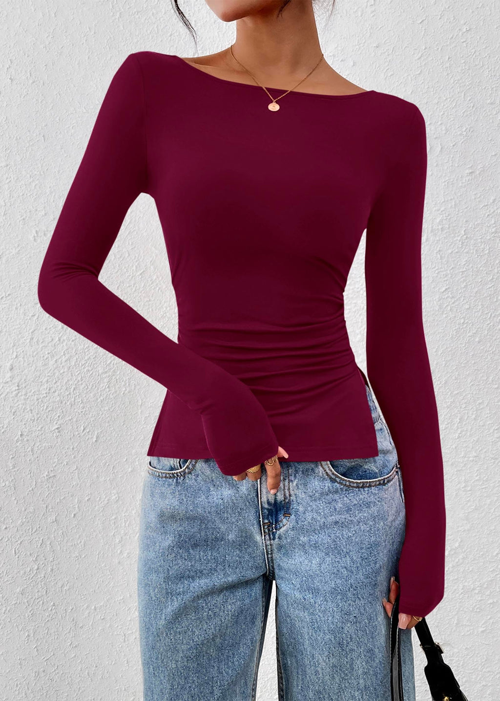 FreshPretty Long Sleeve Shirts for Women Fall Casual Boat Neck Knit Workout Going Out Tops Fitted Side Slit Basic Tees