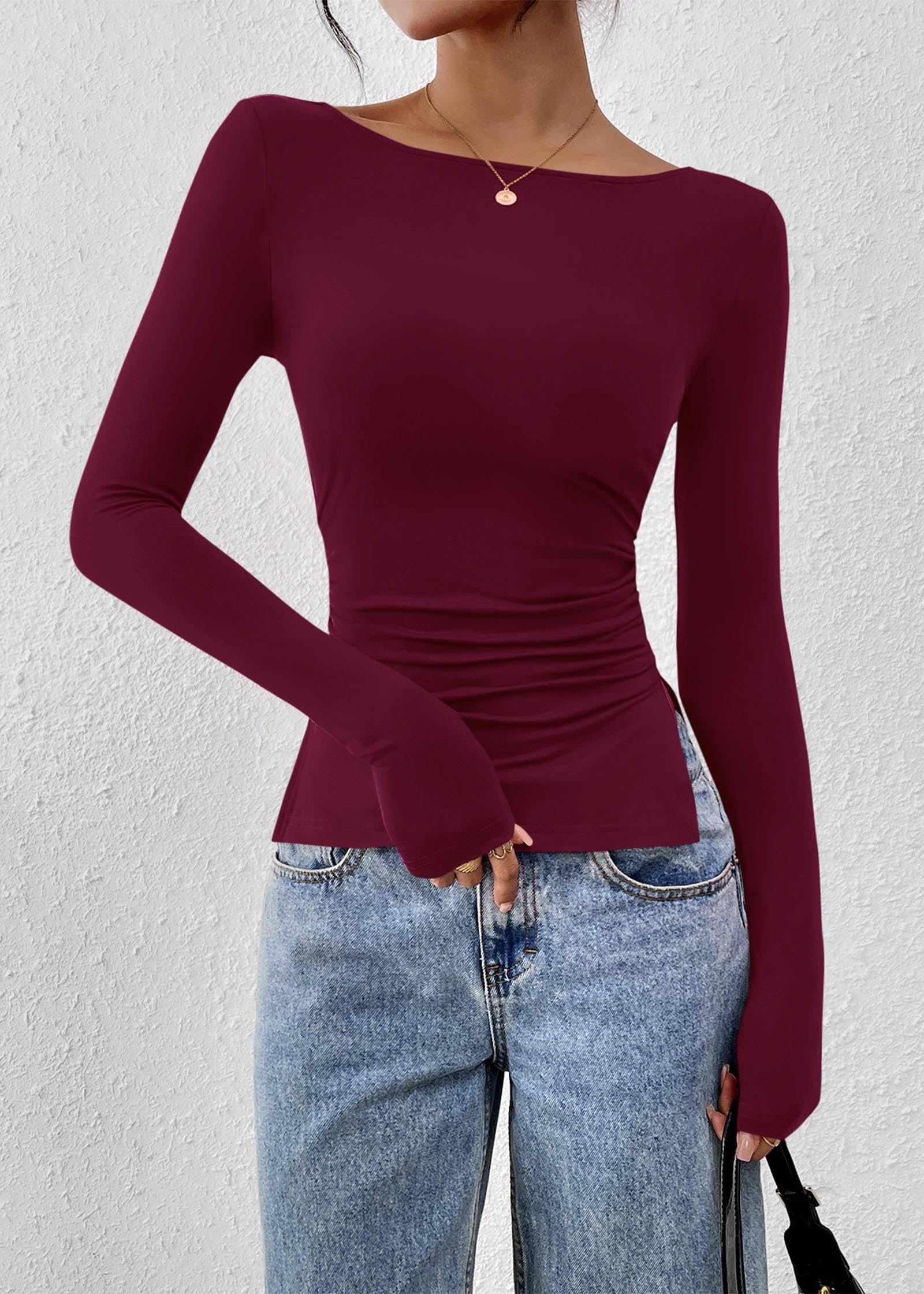 FreshPretty Long Sleeve Shirts for Women Fall Casual Boat Neck Knit Workout Going Out Tops Fitted Side Slit Basic Tees