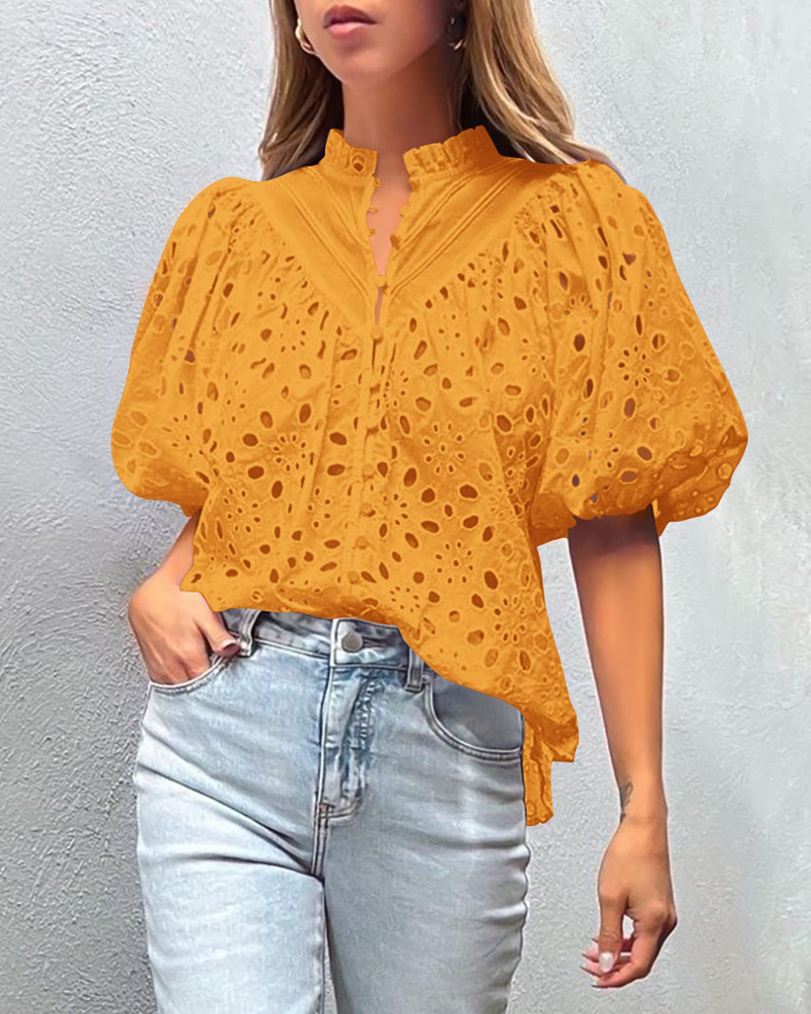 PRETTYGARDEN Women's Summer Tops Dressy Casual Short Sleeve V Neck Buttons Hollow Out Lace Embroidered Blouses Shirts