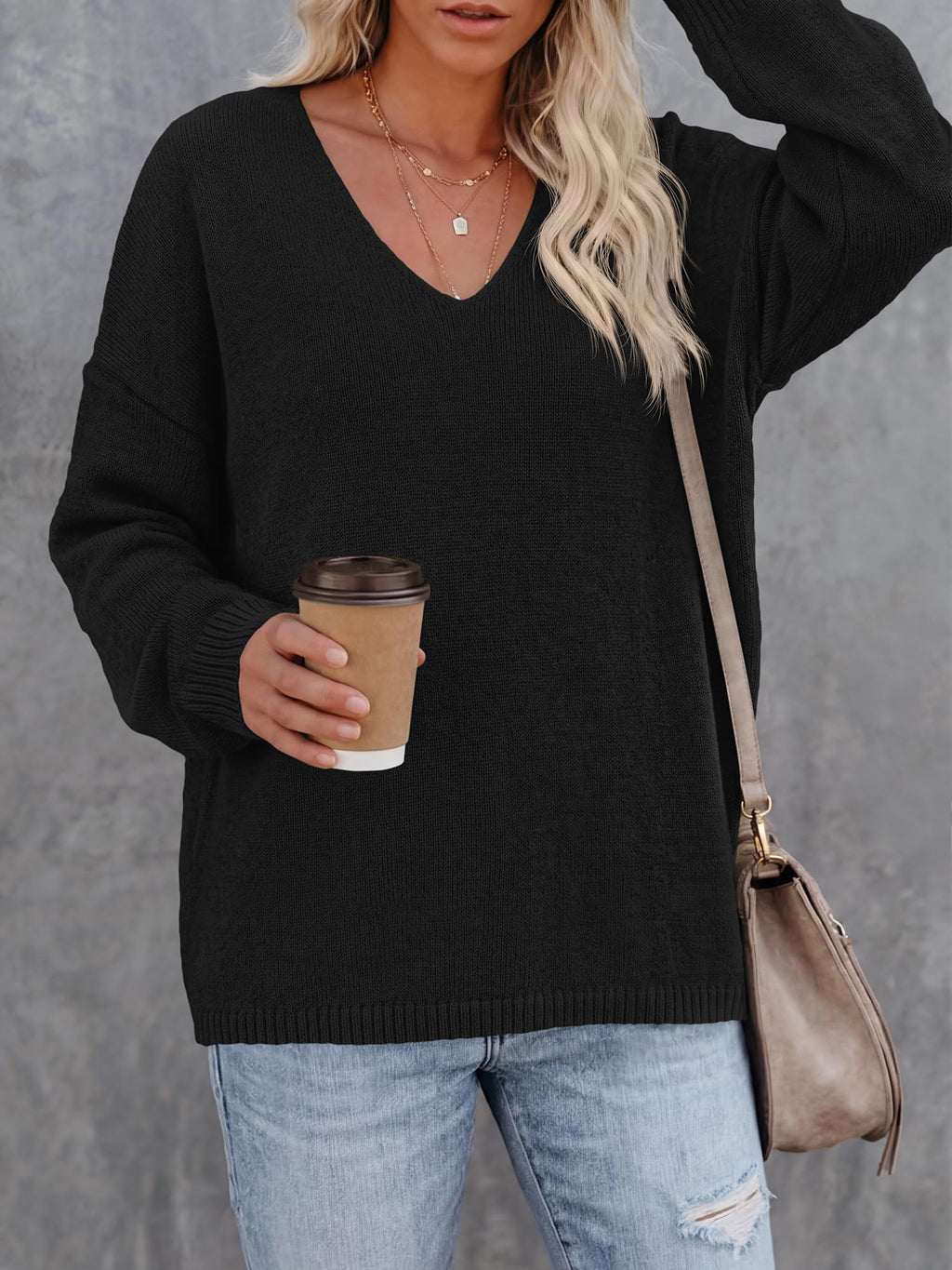BTFBM Women's Loose Knitted Casual Sweaters | V Neck,Long Sleeve Sweater,Slouchy Pullover Tops,Fall Winter Clothes