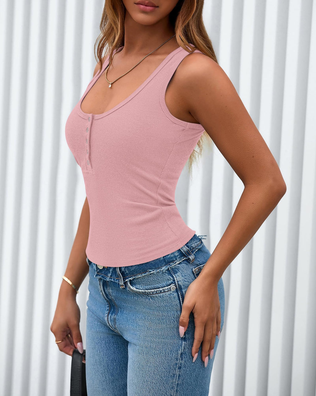 FreshPretty Spring Tops for Women Summer Scoop Neck Ribbed Henley Button Sleeveless Casual Basic Tank Top Clothes Outfits