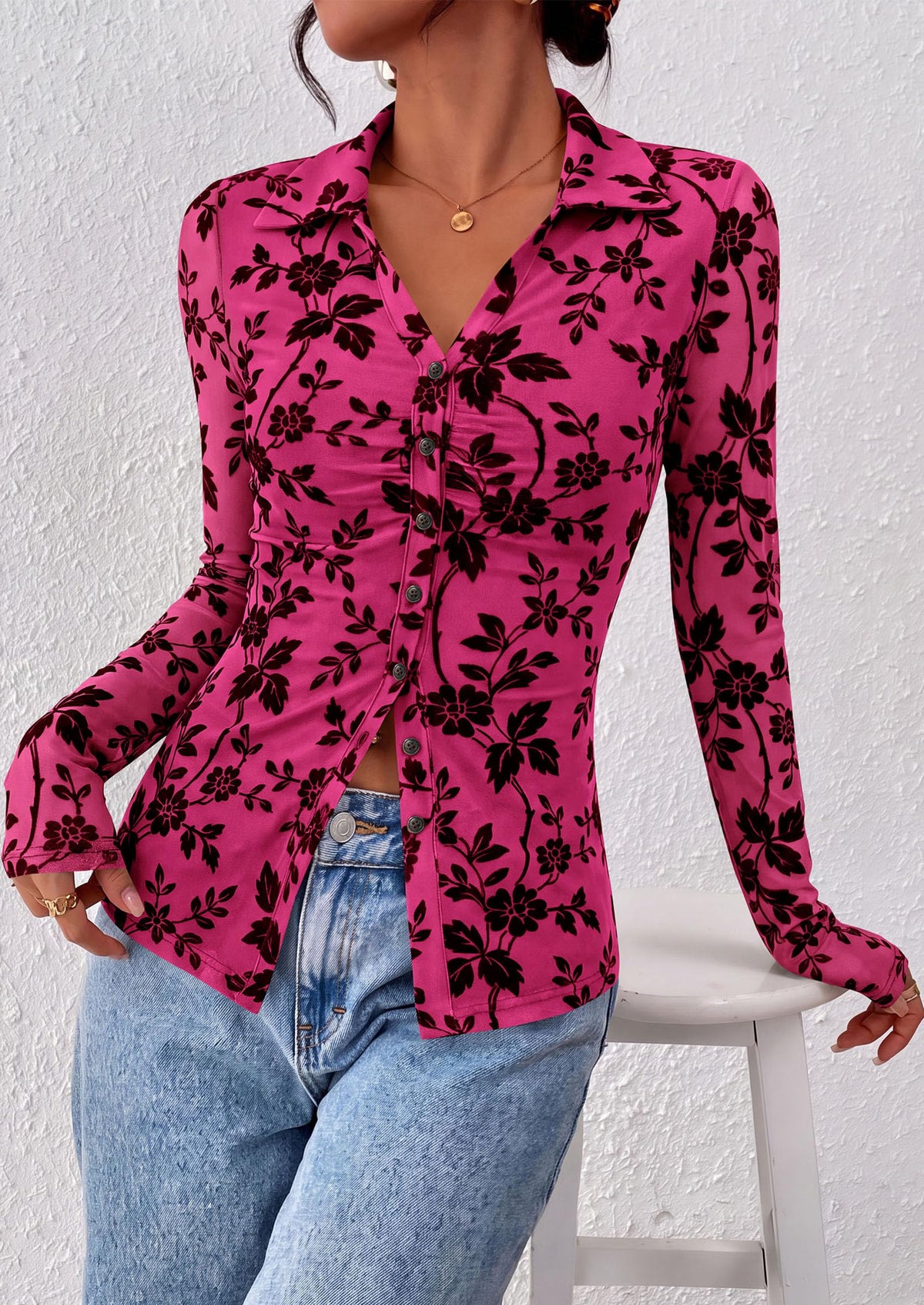 PRETTYGARDEN Women's Long Sleeve Floral Mesh Boho Tops Button Down Shirts Fall Blouses Dressy, Ruched Slim Fit, Collared V Neck, Trendy Going Out Date Night Outfit, Elegant Casual Work Office Clothes