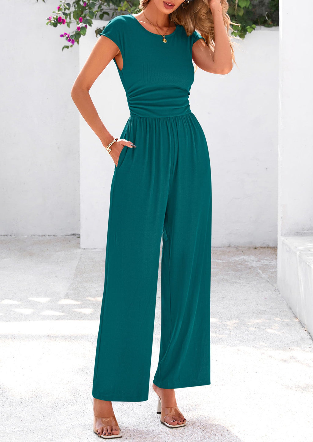 PRETTYGARDEN Summer Jumpsuits for Women Dressy Ribbed Cap Sleeve Wide Leg Pants Rompers Elegant Casual One Piece Outfits