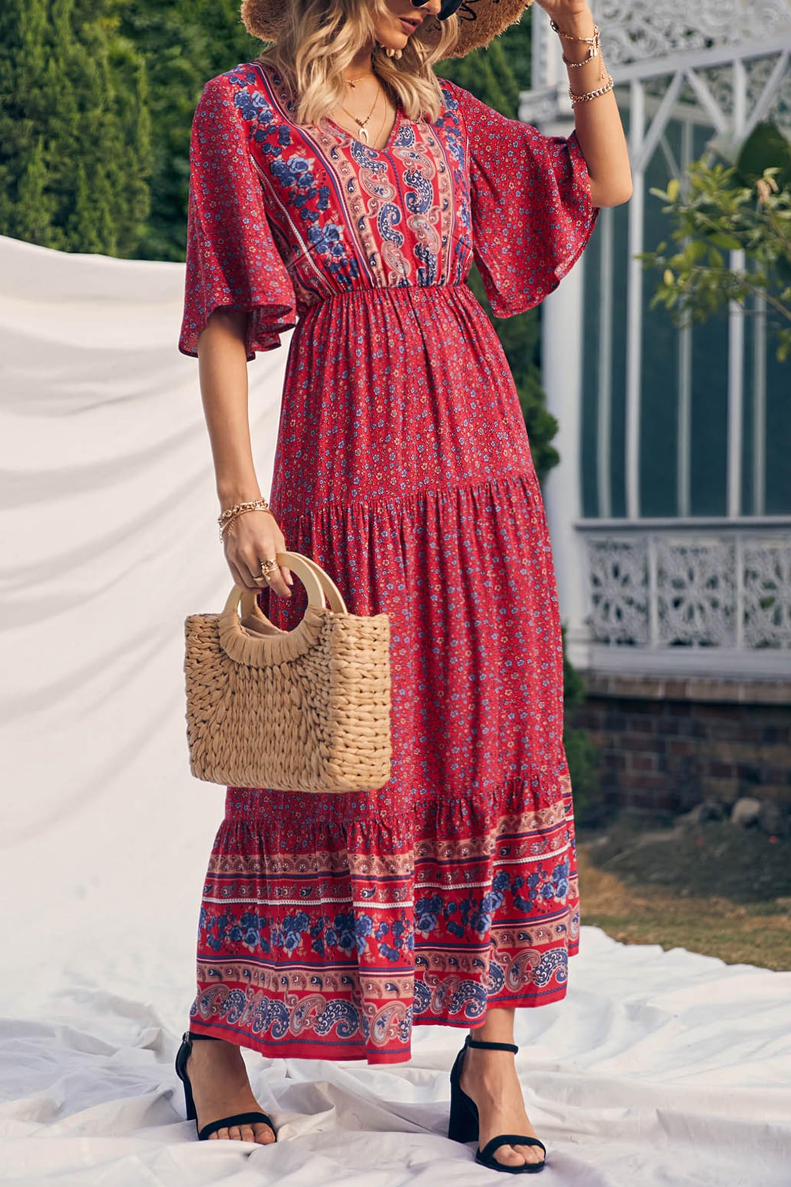 PRETTYGARDEN Women's Casual Summer Boho Floral Print Dress V Neck Short Sleeve High Waist Long Maxi Beach Dresses
