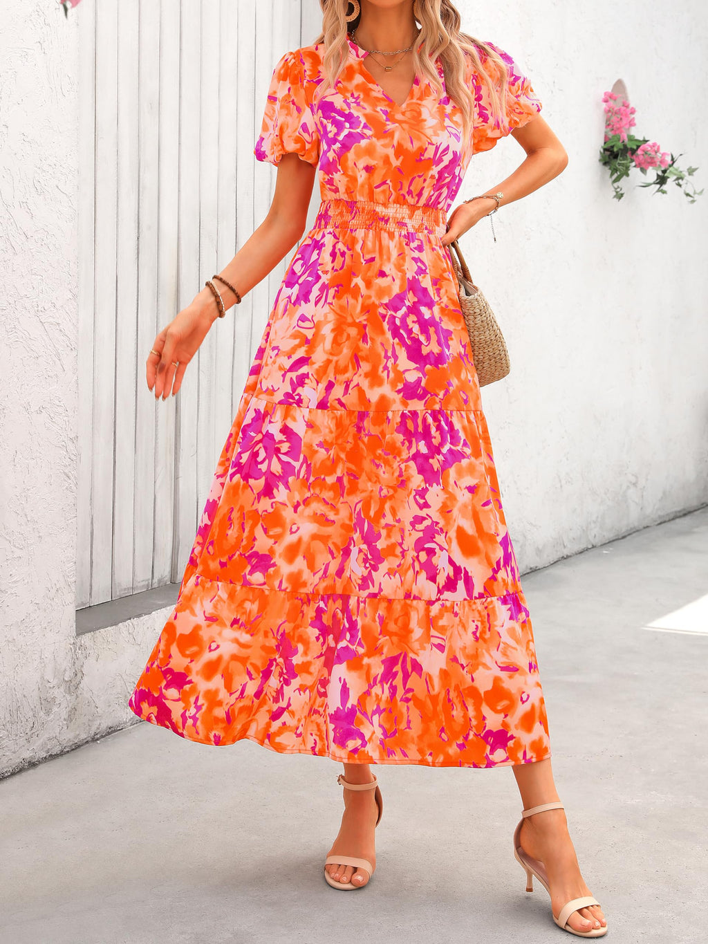 PRETTYGARDEN Summer Maxi Dresses for Women  Casual V Neck Puff Short Sleeve Smocked Flowy Beach Boho Long Floral Dress