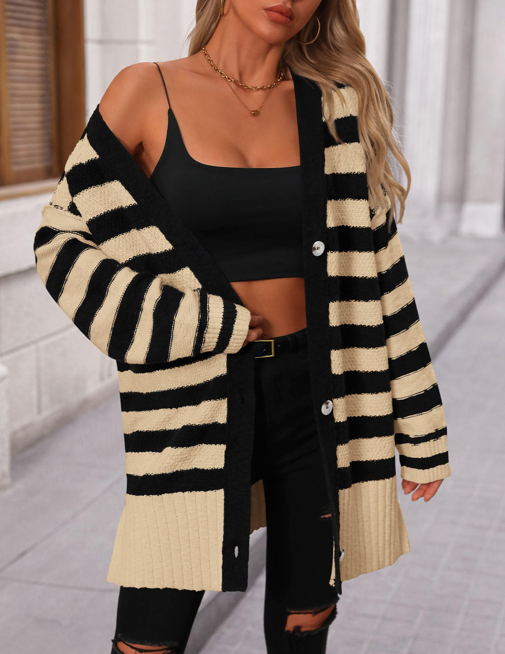 PRETTYGARDEN Women's Winter Striped Cardigan Sweaters Long Sleeve Button Down Open Front Chunky Knit Oversized Sweater Coat
