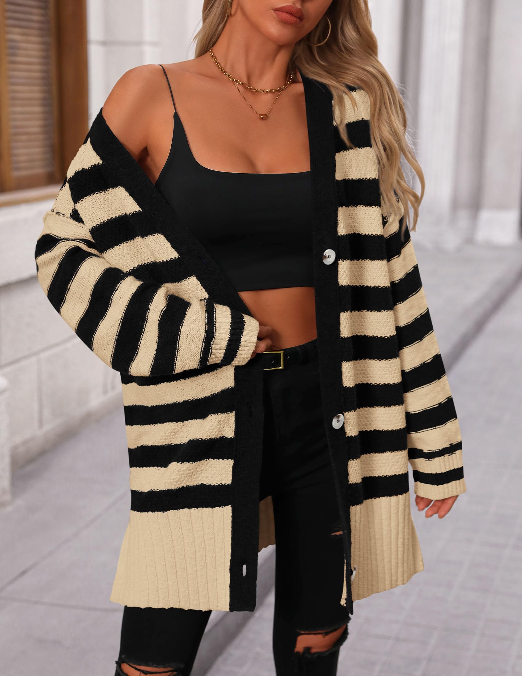 PRETTYGARDEN Women's Winter Striped Cardigan Sweaters Long Sleeve Button Down Open Front Chunky Knit Oversized Sweater Coat