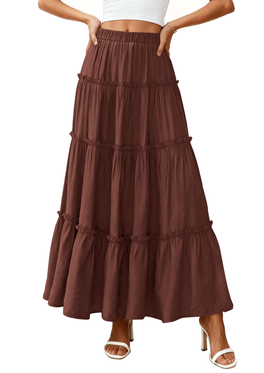 PRETTYGARDEN Women's Tiered Maxi Skirt Summer Spring Fashion High Waisted Long Flowy Casual Boho Beach Vacation Clothes