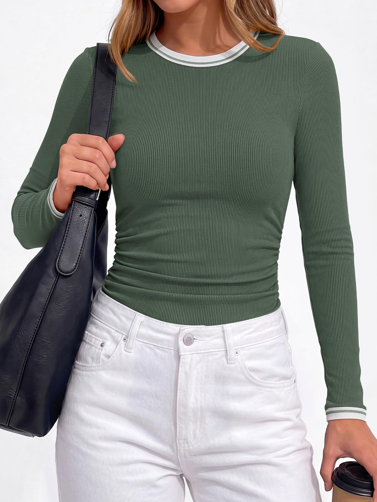 BTFBM Ribbed Long Sleeve Shirts for Women Fitted Underscrub Contrasting Crew High Neck, Ruched Side, Y2k Going Out Tops, Date Night Outfit, Work Top, Winter Fall Fashion Clothing