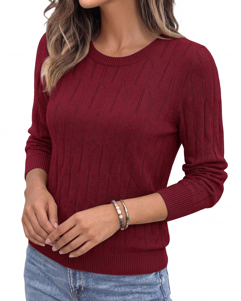 BTFBM Womens Sweaters Long Sleeve Crewneck Pullover Tops Dressy Casual Lightweight Knit Sweater,Small Hollow Out Boho Shirts, Fall Fashion,Winter Layer Basic Clothes,Business Casual Outfits