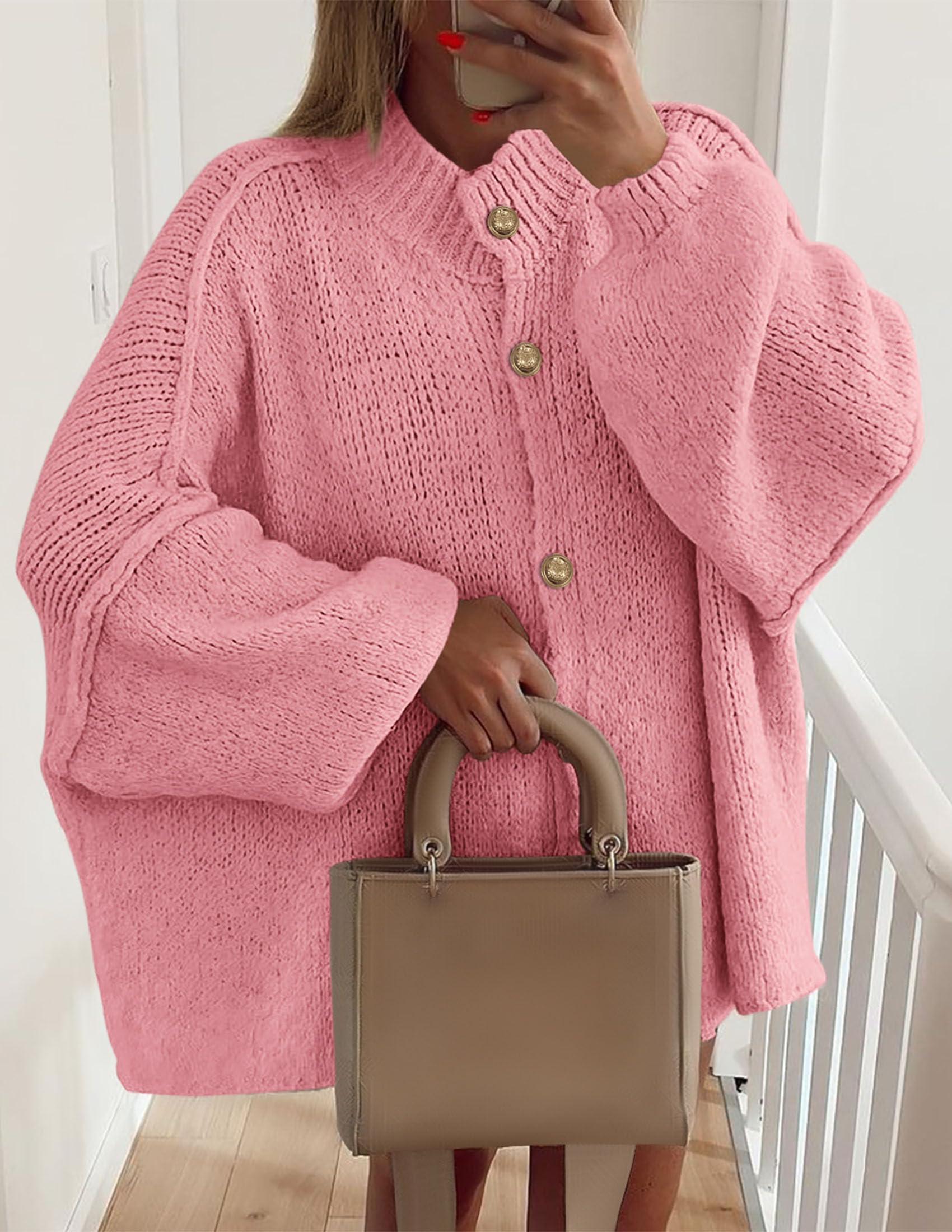 PRETTYGARDEN Women's Winter Button Down Cardigan Sweaters Mock Neck Lantern Long Sleeve Chunky Knit Jacket Trendy Outerwear