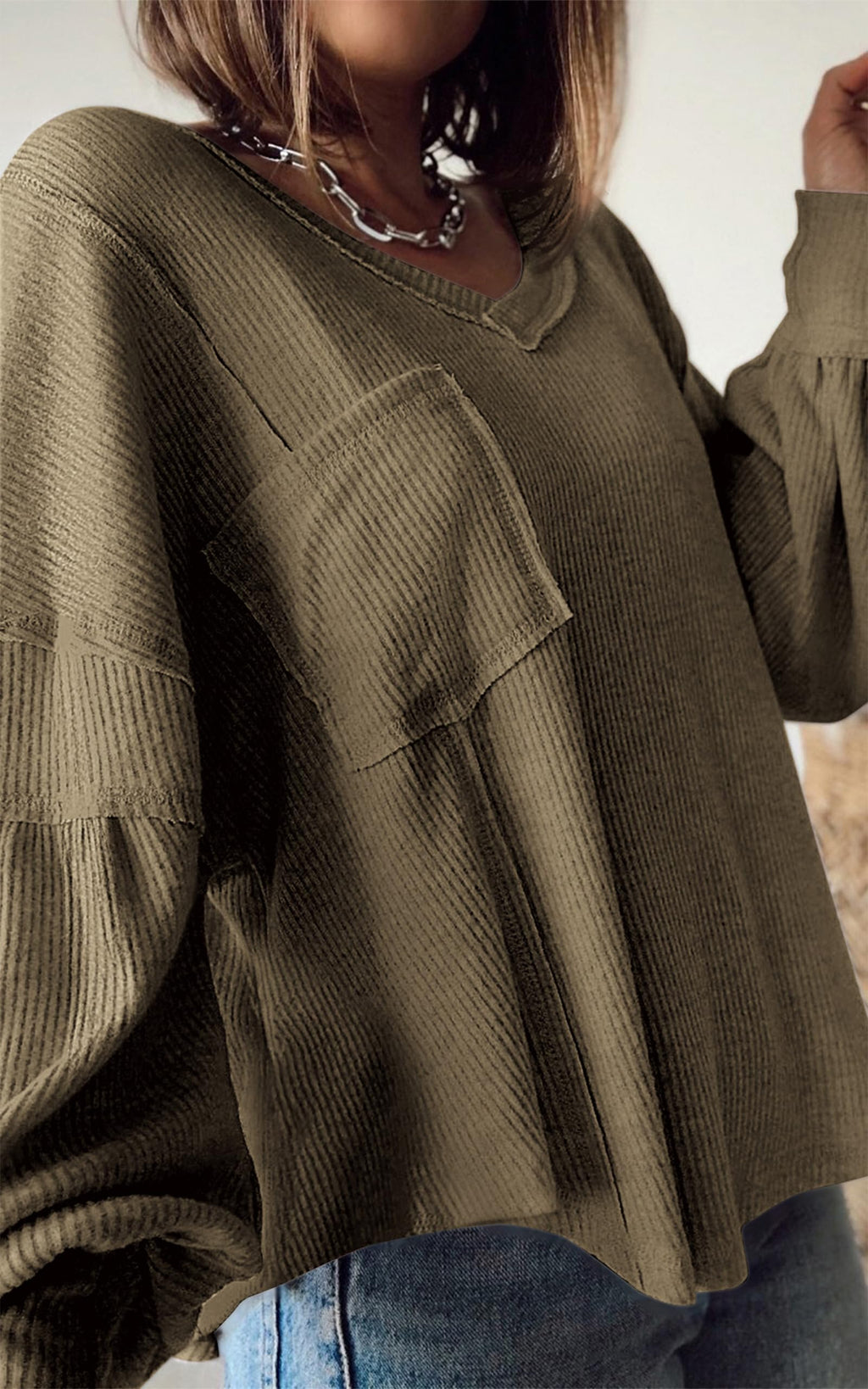 FreshPretty Womens Fall Fashion Long Sleeve Shirts Casual V Neck Ribbed Knit Blouses Pullover Trendy Loose Fit Tunic Tops