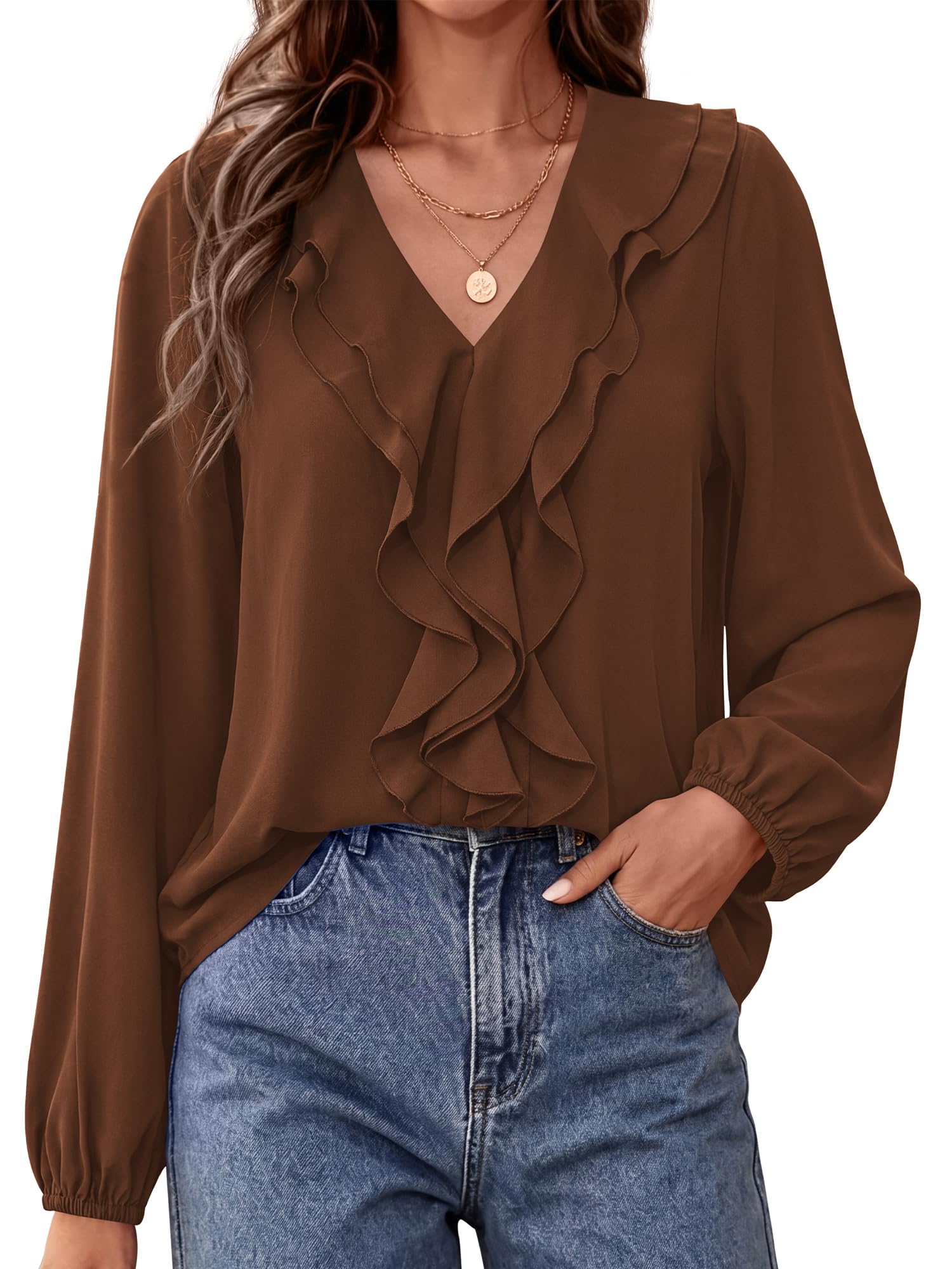 BTFBM Womens Fall Tops Ruffle Blouses Dressy Casual | Double Ruffled Collar V Neck Long Sleeve Shirts, Lightweight Fashion Clothing Trendy, Daily Business Office Work Clothes