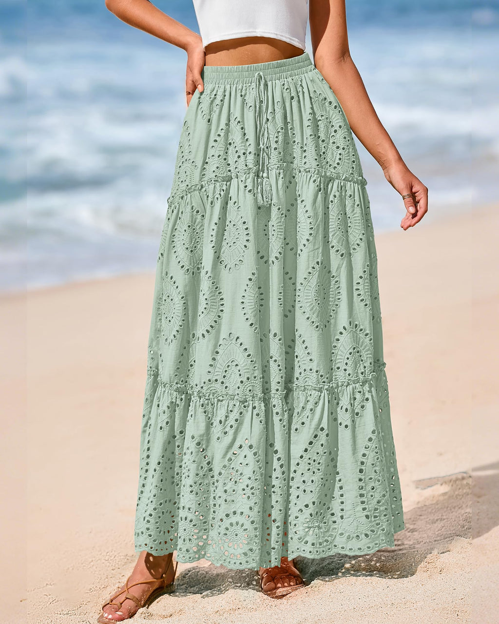 BTFBM Long Skirts for Women Summer Boho Lace Embroidery High Waist Flowy Tiered Spring Maxi Skirt Beach Vacation