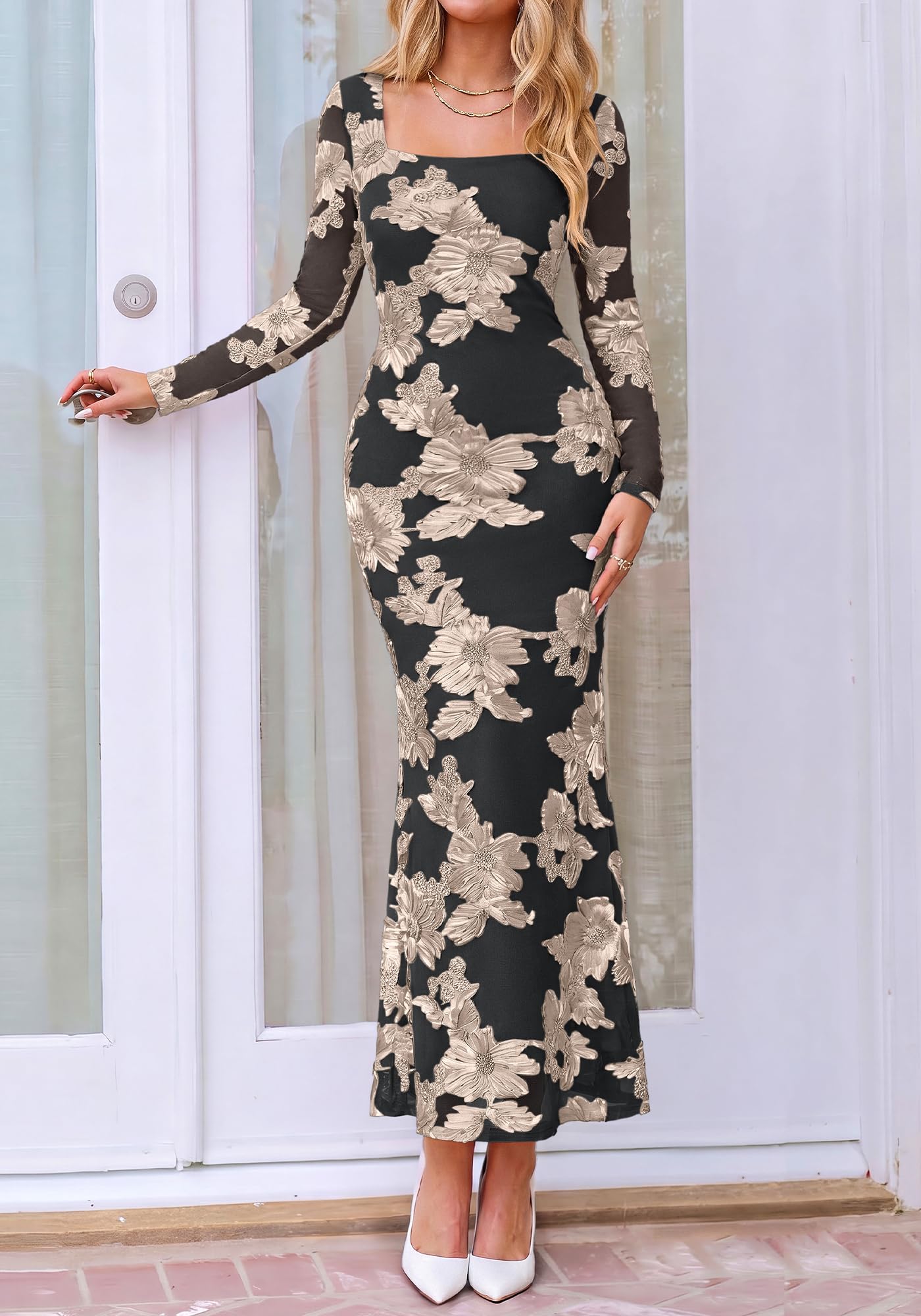 BTFBM Womens Long Sleeve Bodycon Floral Mesh Maxi Fall Wedding Guest Dress Semi Formal Dresses For Bridal Shower, Engagement, Cocktail, Homecoming, Prom, Birthday Party, Date Night Outfits, Lined