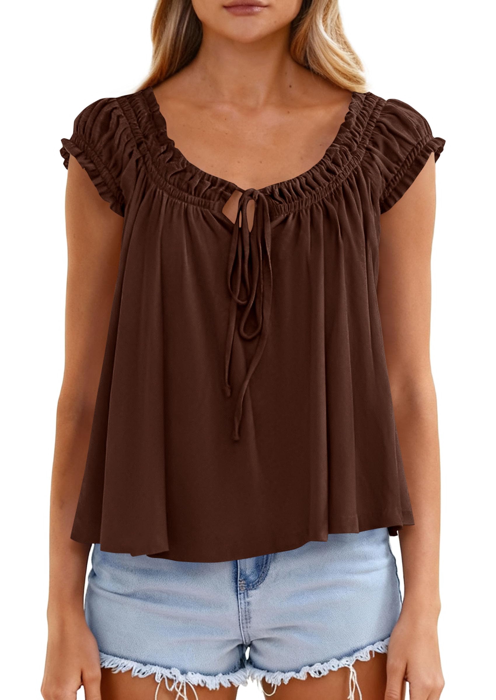 PRETTYGARDEN Women Babydoll Tops Summer Clothes Cap Sleeve Tie Front Flowy Tank Top Peplum Blouses Cute Going Out Shirts