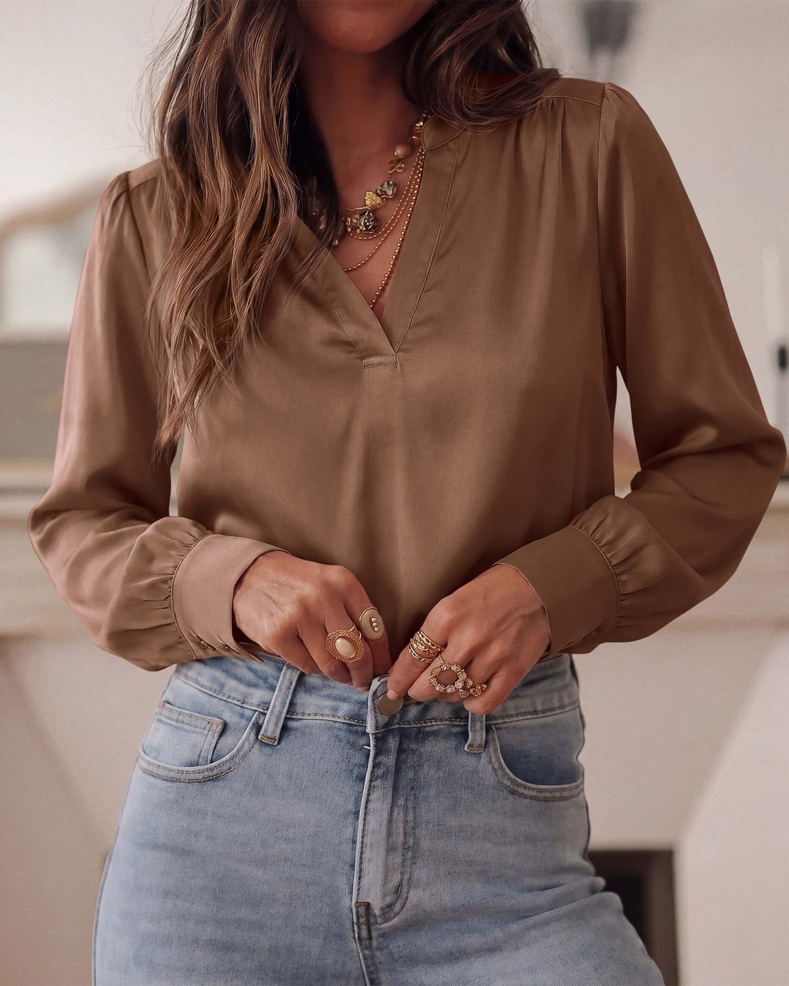 BTFBM Satin Blouses for Women Dressy Casual | Lightweight,V Neck,Long Sleeve Tops,Going Out Outfits,Fall Fashion Clothing